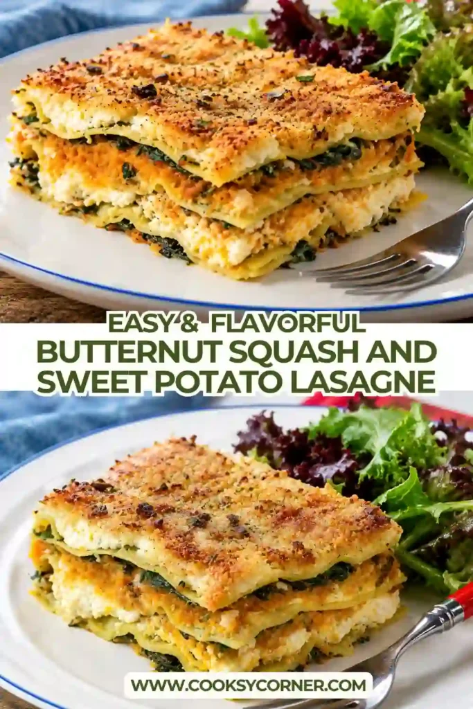 Butternut Squash and Sweet Potato Lasagne layered with creamy ricotta, spinach, herbs, and tender pasta. A crisp Parmesan breadcrumb topping gives the vegetarian lasagne a golden finish.