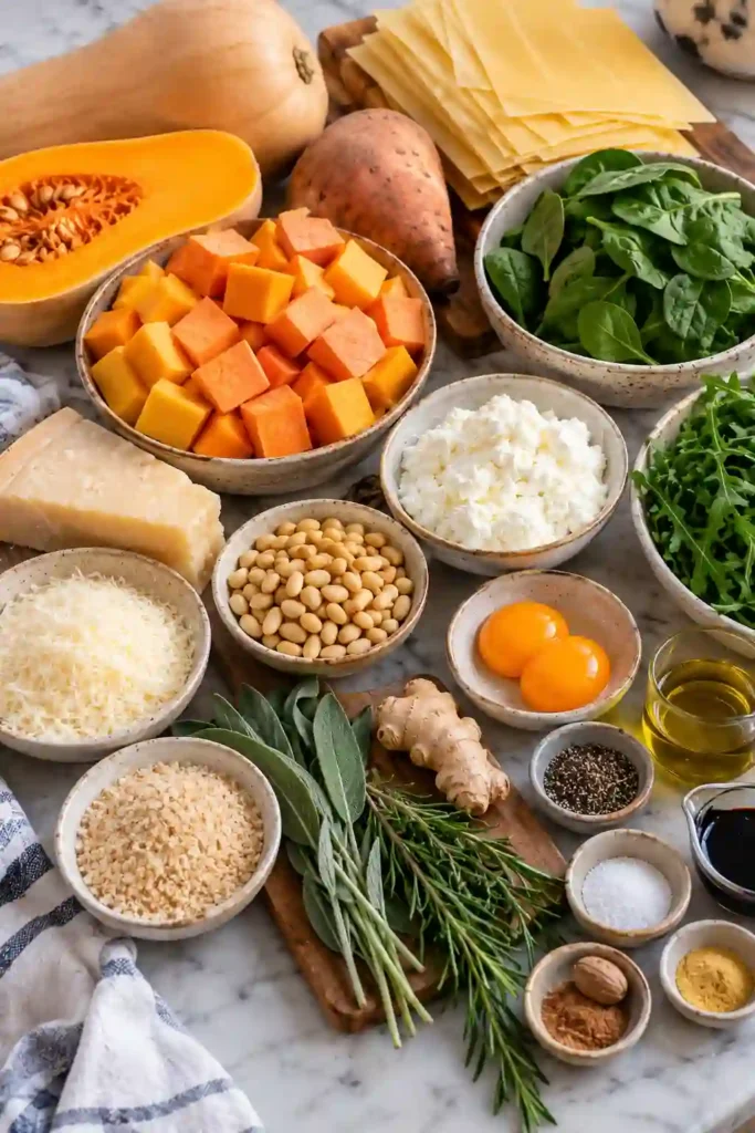 A freshly baked Butternut Squash and Sweet Potato Lasagne with golden Parmesan breadcrumbs and visible layers of pasta, vegetables, spinach, and ricotta. The creamy vegetable lasagne is served warm from a baking dish.