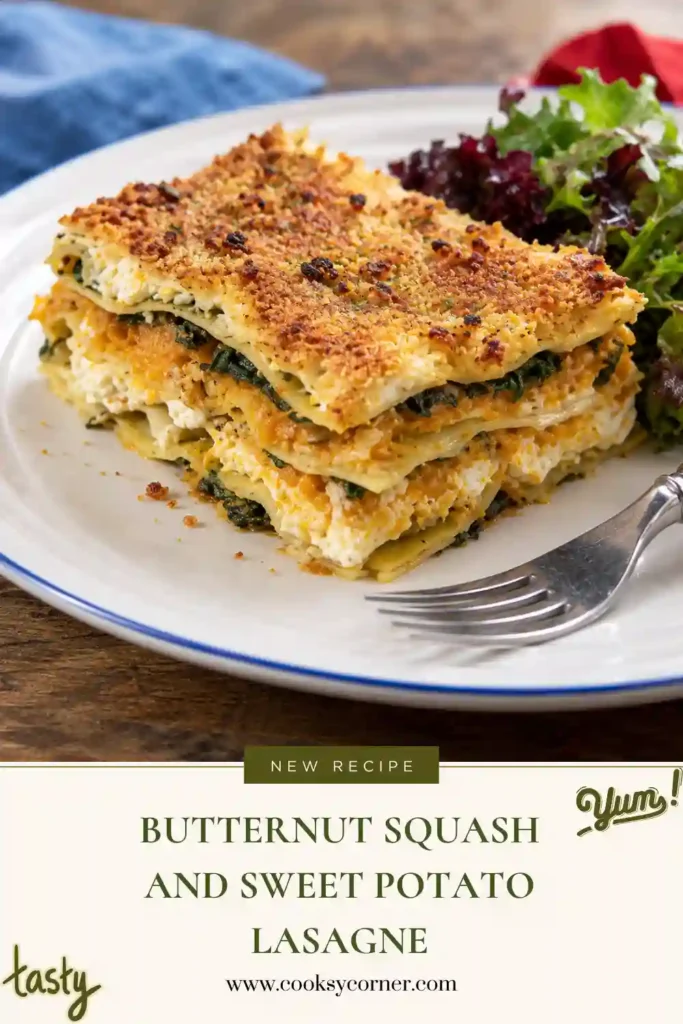 Vegetarian butternut squash lasagne filled with sweet potato, creamy ricotta, fresh spinach, sage, and toasted pine nuts. Golden breadcrumbs and Parmesan create a crisp baked topping.