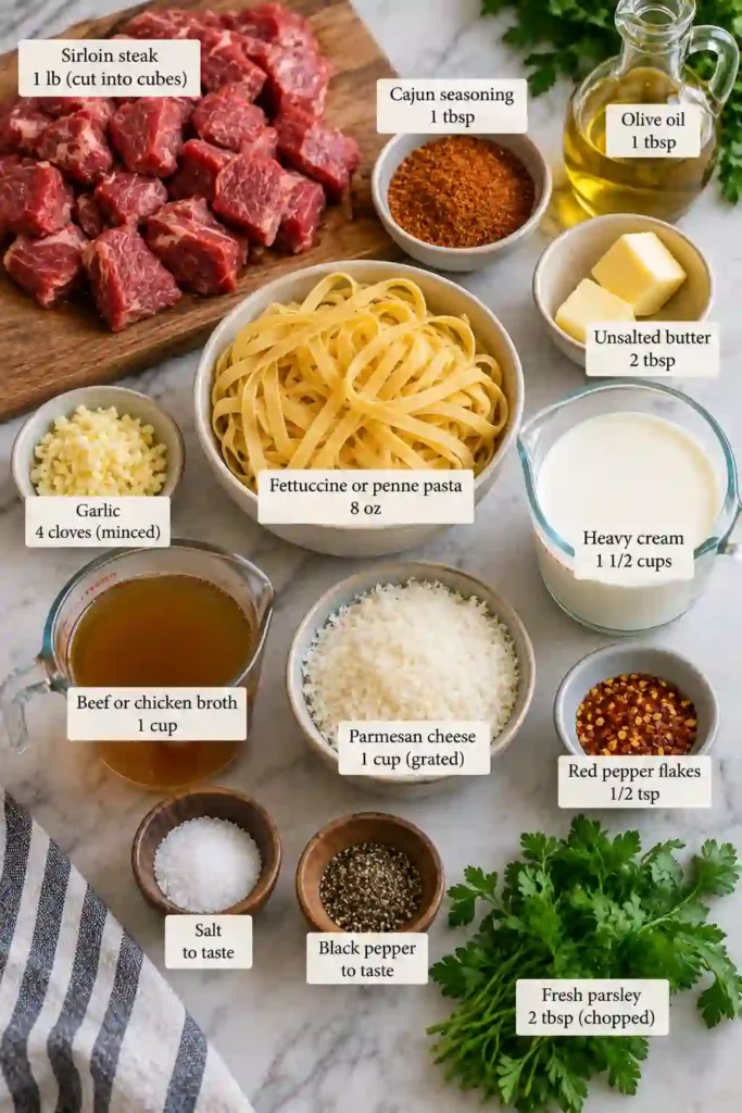 Homemade Cajun Steak Pasta served with tender steak bites and a silky garlic Parmesan cream sauce. Cajun seasoning and red pepper flakes add warm, spicy flavor.