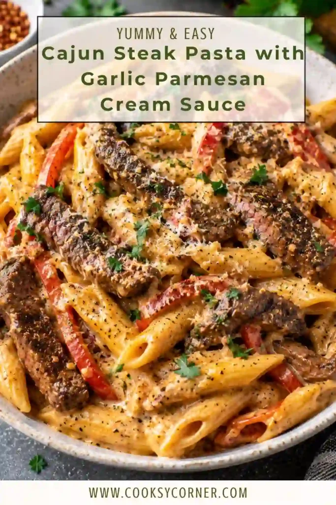 Cajun Steak Pasta with seared steak bites and tender pasta coated in a creamy garlic Parmesan sauce. Fresh parsley and red pepper flakes add color to the rich one-pot dinner.