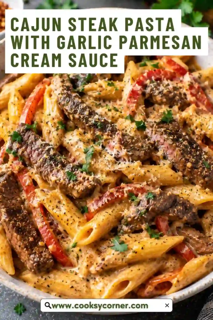Creamy Cajun steak pasta featuring golden steak bites, pasta, garlic butter, and a velvety Parmesan cream sauce. The finished dish is garnished with parsley and chili flakes.