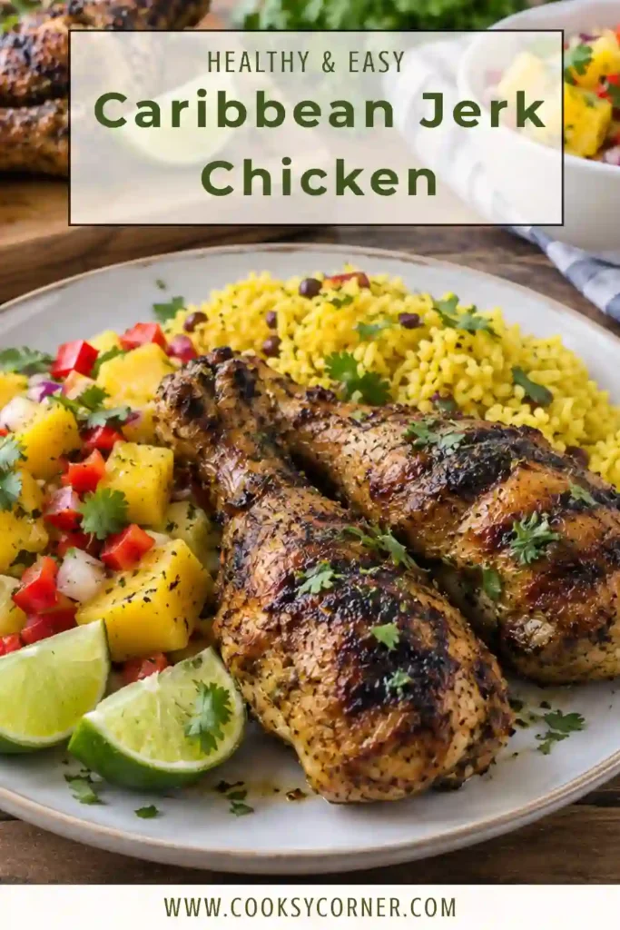 Homemade jerk chicken featuring juicy bone-in chicken coated in Caribbean jerk seasoning. The grilled chicken has a savory, smoky finish with appetizing charred edges