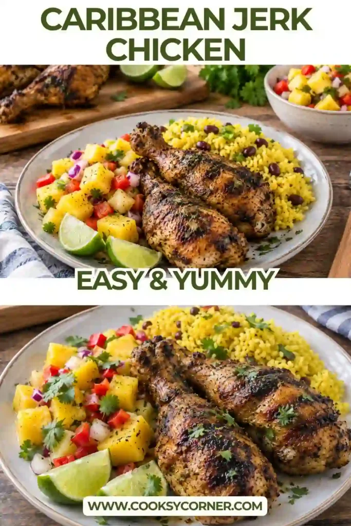 Grilled Caribbean Jerk Chicken served hot with a richly seasoned, lightly charred crust. The spicy grilled chicken is tender, juicy, and perfect for a family dinner.