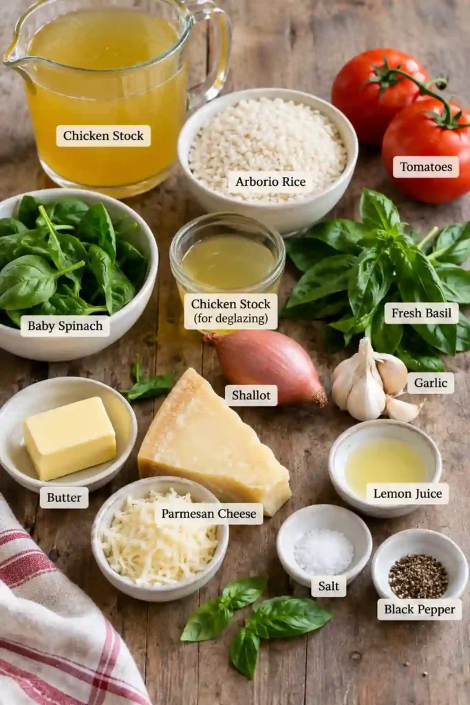 Freshly cooked spinach tomato risotto with Arborio rice, ripe tomatoes, basil, spinach, and Parmesan. The creamy Italian-inspired rice dish is served warm with fresh basil on top.