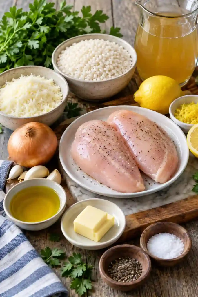 Easy Parmesan chicken risotto served as a comforting one-pot dinner. Creamy rice, juicy chicken, fresh lemon, garlic, Parmesan, and parsley create a hearty Italian-inspired meal.