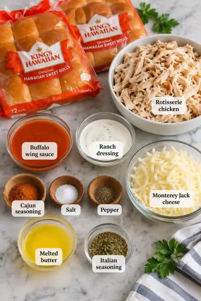 Baked Buffalo Chicken Sliders arranged in a serving dish with spicy shredded chicken and melted cheese between golden Hawaiian rolls. Each slider has a soft center and buttery seasoned top.