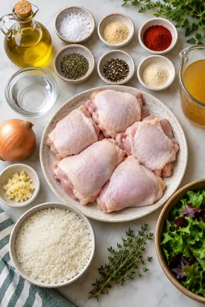 One pan chicken and rice made with tender chicken thighs, jasmine rice, garlic, paprika, and thyme. The chicken is golden while the rice underneath is fluffy and savory.