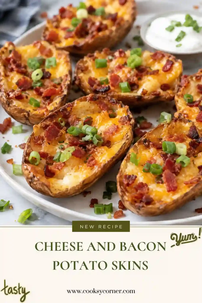 A serving platter of crispy loaded potato skins with melted cheese, halal turkey ham, and sliced scallions. Sour cream is served alongside the golden potato appetizers for dipping.