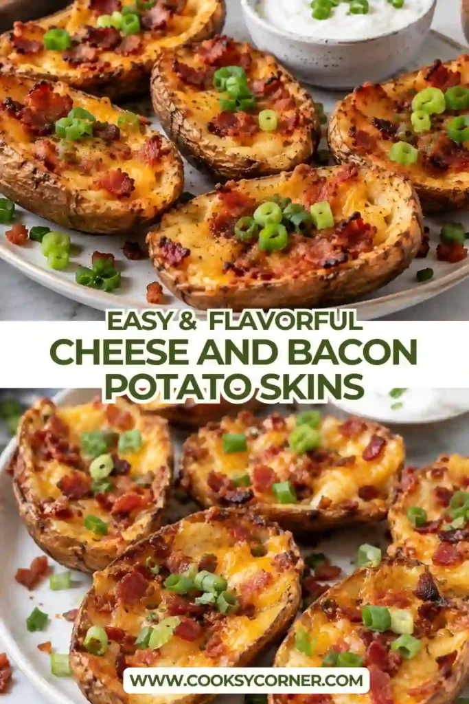 Close-up of cheesy potato skins with bubbling cheddar cheese and lightly golden turkey ham. The crispy potato shells are baked until golden and filled with a rich, savory topping.