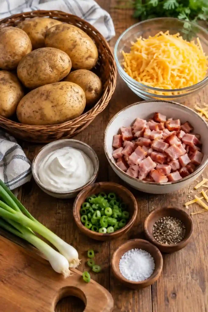 A single crispy potato skin filled with melted cheddar cheese and savory turkey ham. The golden potato appetizer is topped with sour cream and finely sliced green scallions.