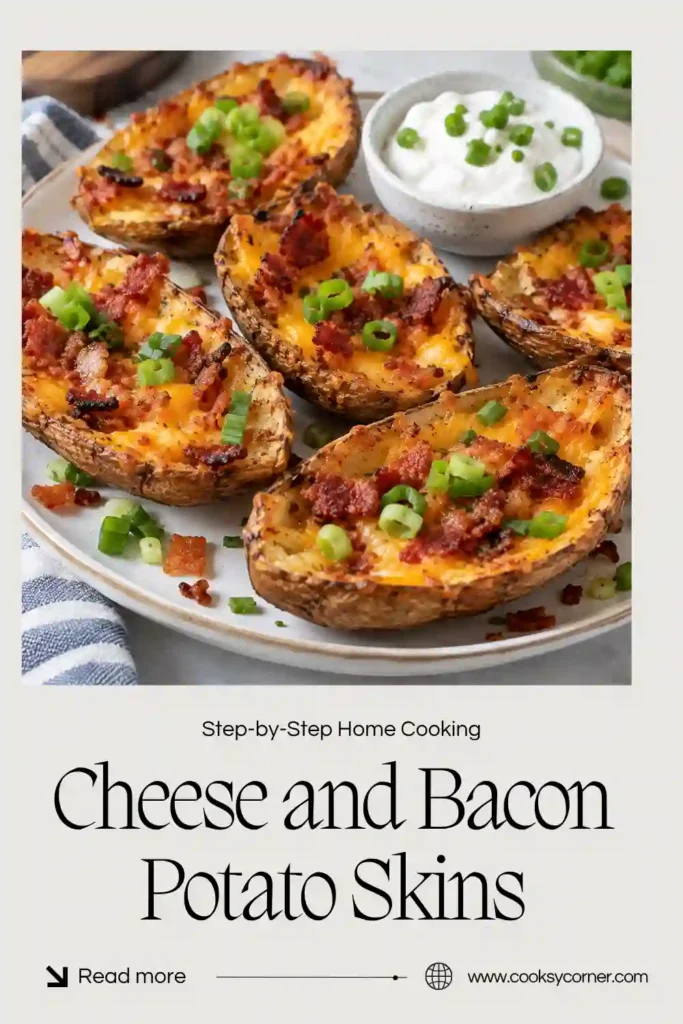 Crispy Cheese and Bacon Potato Skins filled with melted cheddar and savory halal turkey ham. Golden potato shells are topped with sour cream and fresh green scallions.