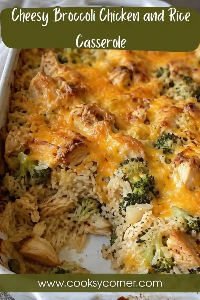 Cheesy chicken and rice casserole filled with juicy chicken pieces, fresh broccoli, creamy rice, and sharp cheddar. The baked cheese topping is melted and lightly golden around the edges.