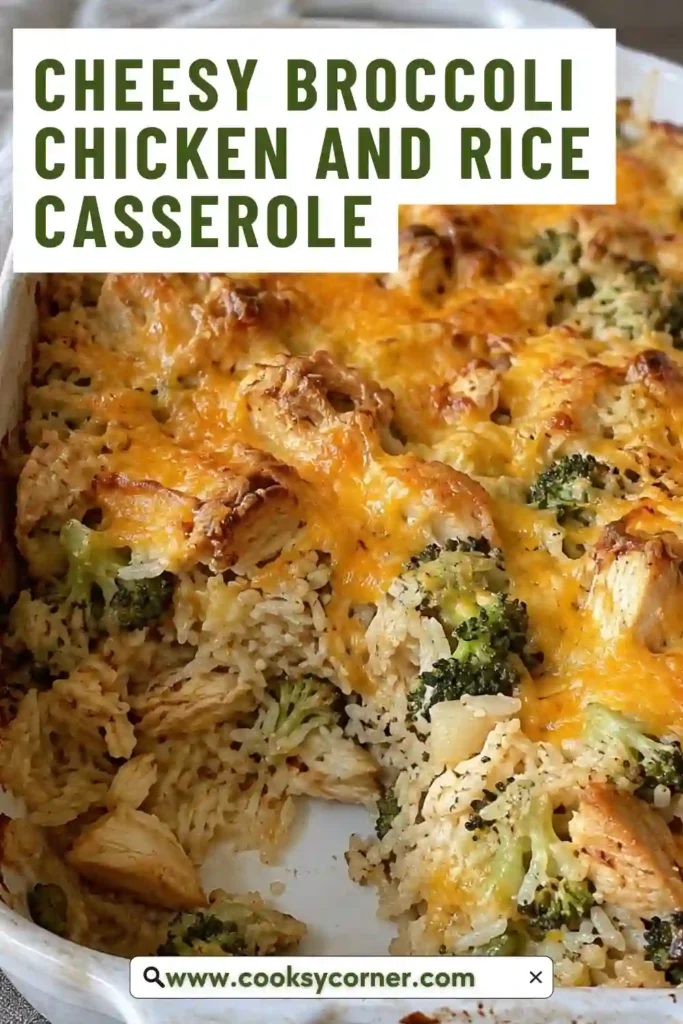 Chicken broccoli rice casserole featuring bite-sized chicken, tender broccoli, savory rice, and melted cheddar cheese. Golden cheese covers the top of the warm family-style casserole.