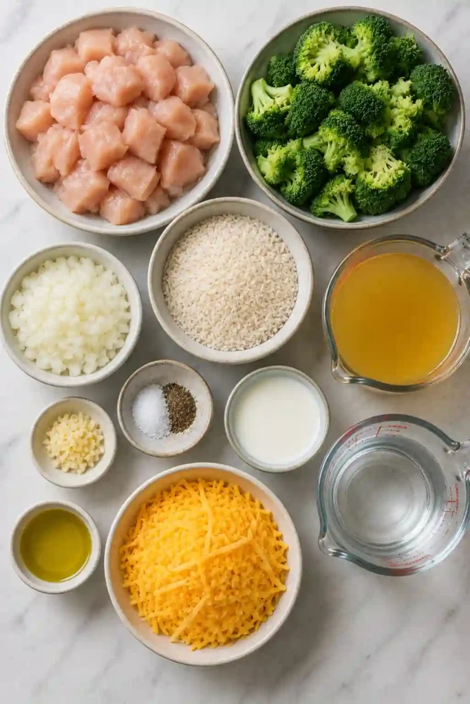 Easy broccoli chicken casserole made with seasoned chicken, long-grain rice, broccoli florets, milk, and cheddar cheese. A bubbling layer of melted cheese gives the comforting casserole a golden finish.