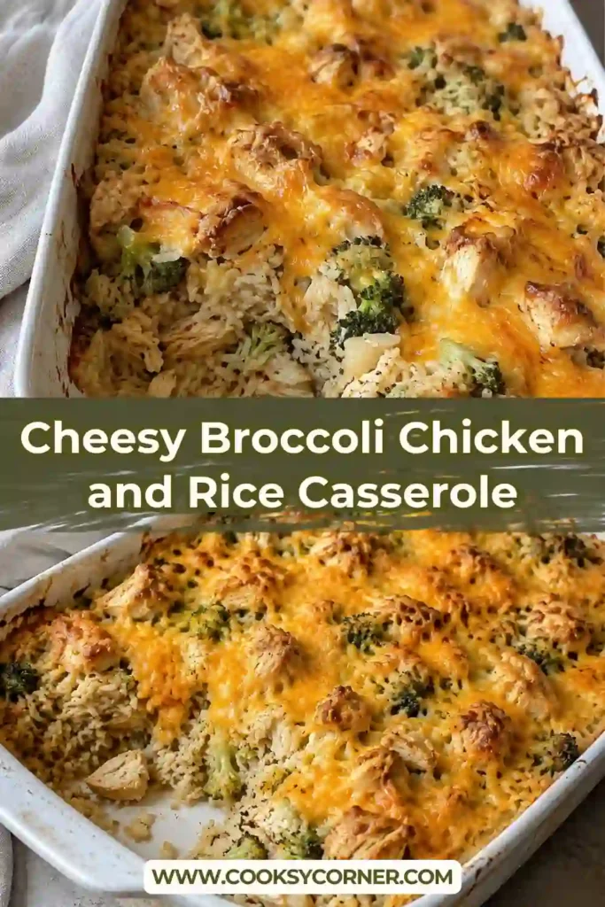 Cheesy Broccoli Chicken and Rice Casserole with tender chicken, green broccoli florets, fluffy white rice, and melted sharp cheddar. The casserole has a golden bubbling cheese topping and a creamy, hearty center.