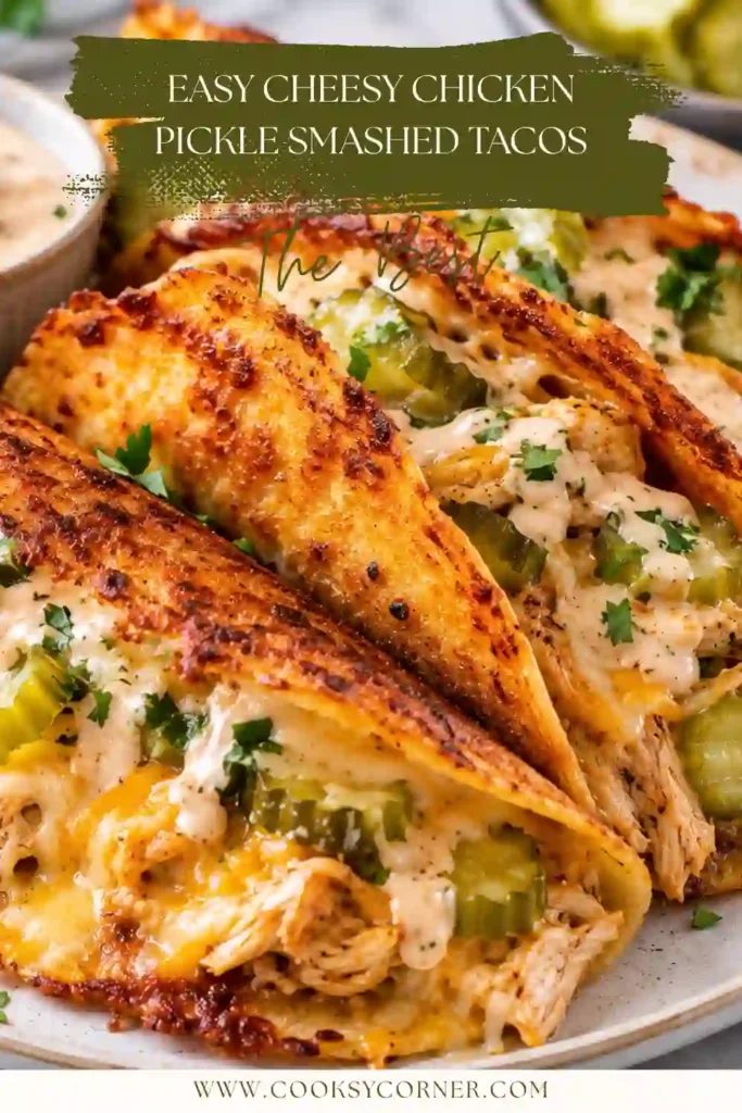 Cheesy smashed chicken tacos served hot with pickle chips, fresh dill, and tangy pickle sauce. Each taco has crispy golden edges and a juicy seasoned chicken filling.