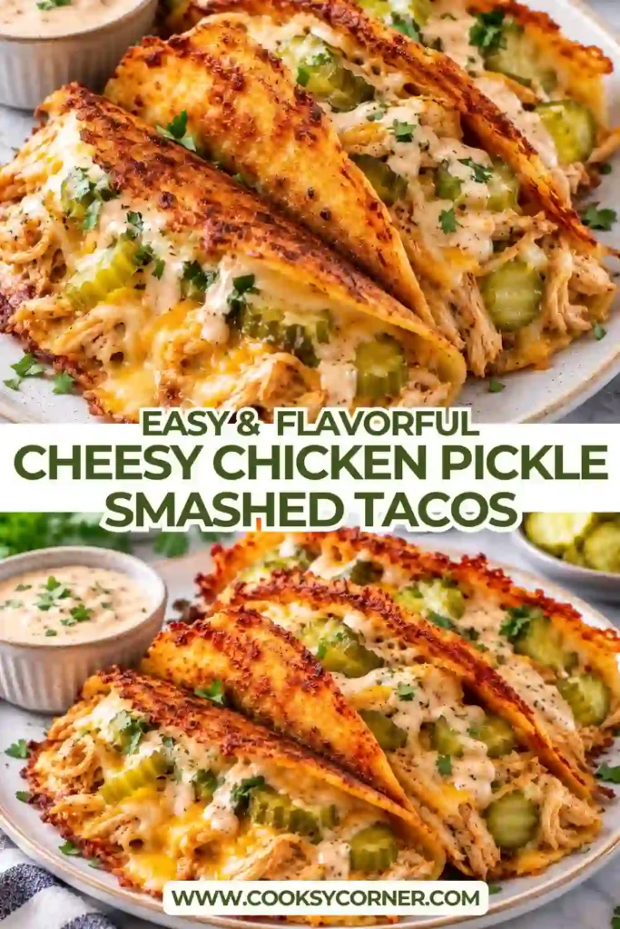 Crispy chicken smash tacos topped with melted cheese, crunchy dill pickles, and creamy pickle sauce. Ground chicken is browned directly onto golden flour tortillas for a flavorful skillet dinner.