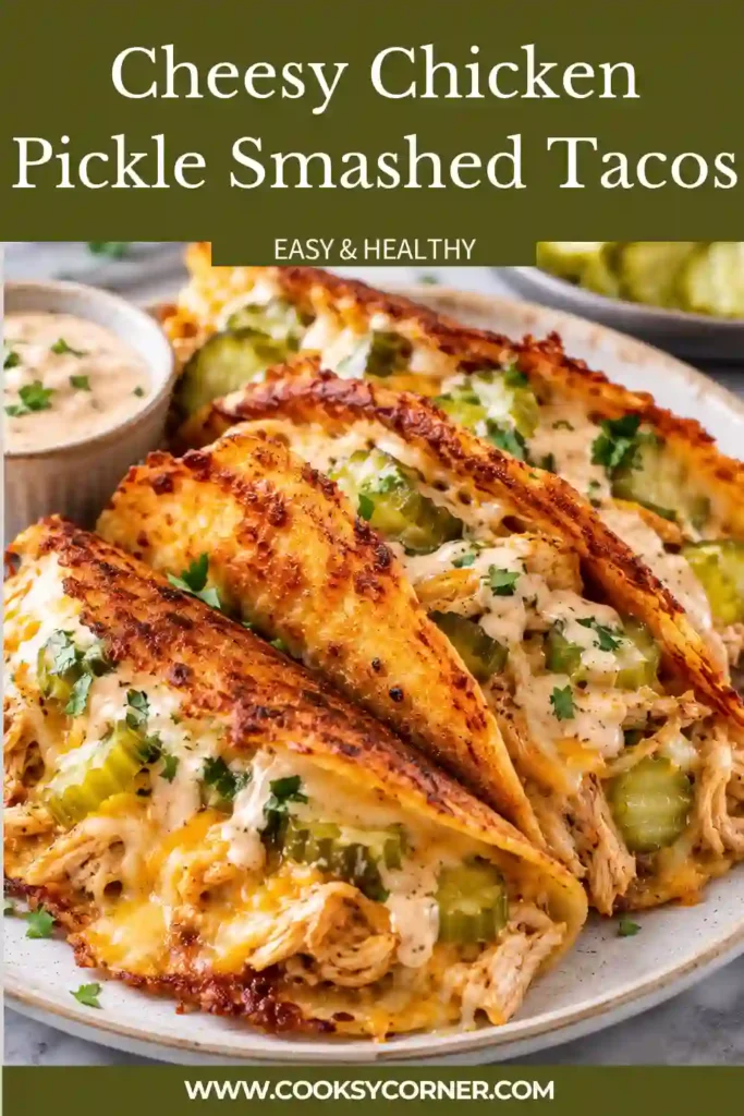 Cheesy Chicken Pickle Smashed Tacos filled with crispy seasoned ground chicken, dill pickle chips, and melted cheese. The golden tacos are finished with creamy dill pickle sauce and chopped pickles.