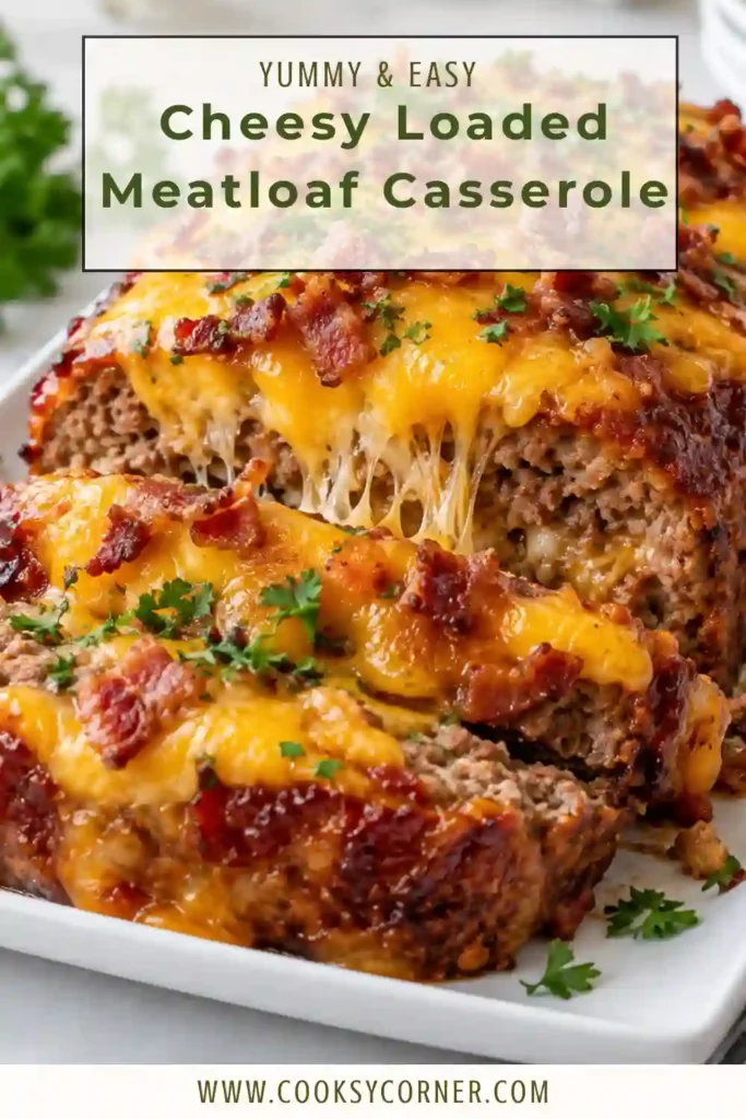 A warm slice of meatloaf with mashed potatoes and melted cheddar cheese served as an easy layered casserole. The savory beef base and creamy potato topping create a hearty family dinner.