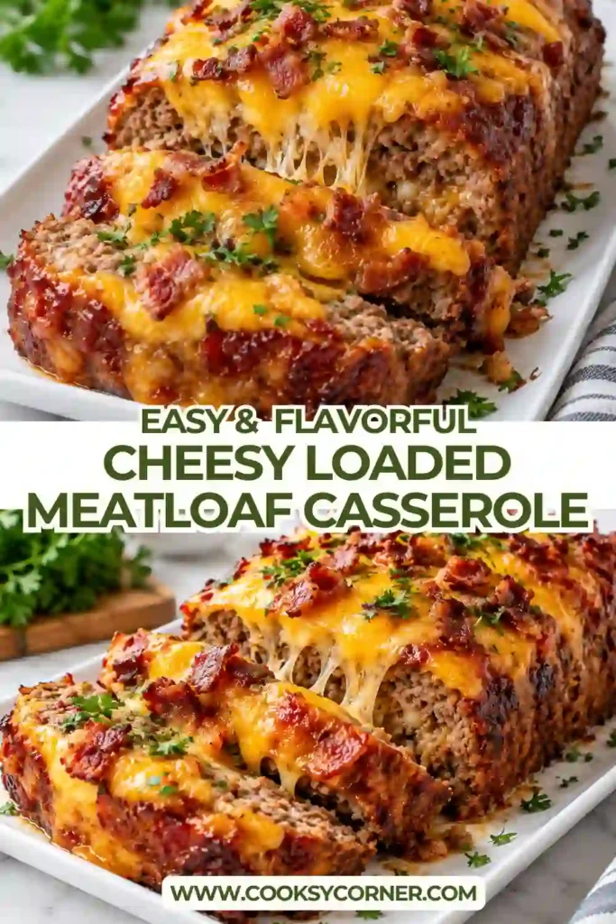 Homemade Cheesy Loaded Meatloaf Casserole topped with fluffy mashed potatoes and golden melted cheddar. Chopped turkey ham and green onions finish this comforting ground beef casserole.
