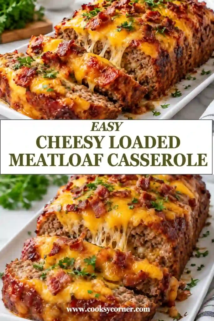 Cheesy Loaded Meatloaf Casserole layered with savory ground beef, creamy mashed potatoes, melted cheddar cheese, and turkey ham. A hearty meatloaf casserole served warm from the baking dish.