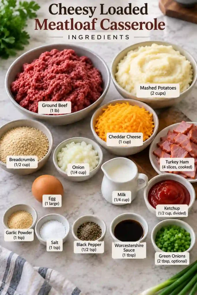 Loaded meatloaf casserole fresh from the oven with seasoned ground beef, smooth mashed potatoes, cheddar cheese, and turkey ham. A rich and comforting baked dinner with cheesy layers.