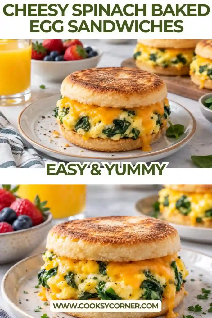 A warm spinach egg sandwich layered with creamy baked egg, melted cheese, and fresh spinach. The filling is served inside a toasted whole grain ciabatta roll.