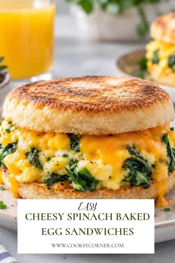 Cheesy Spinach Baked Egg Sandwiches filled with baked eggs, baby spinach, and melted Fontina cheese on toasted ciabatta. Crispy garlic breadcrumbs add a golden finish.