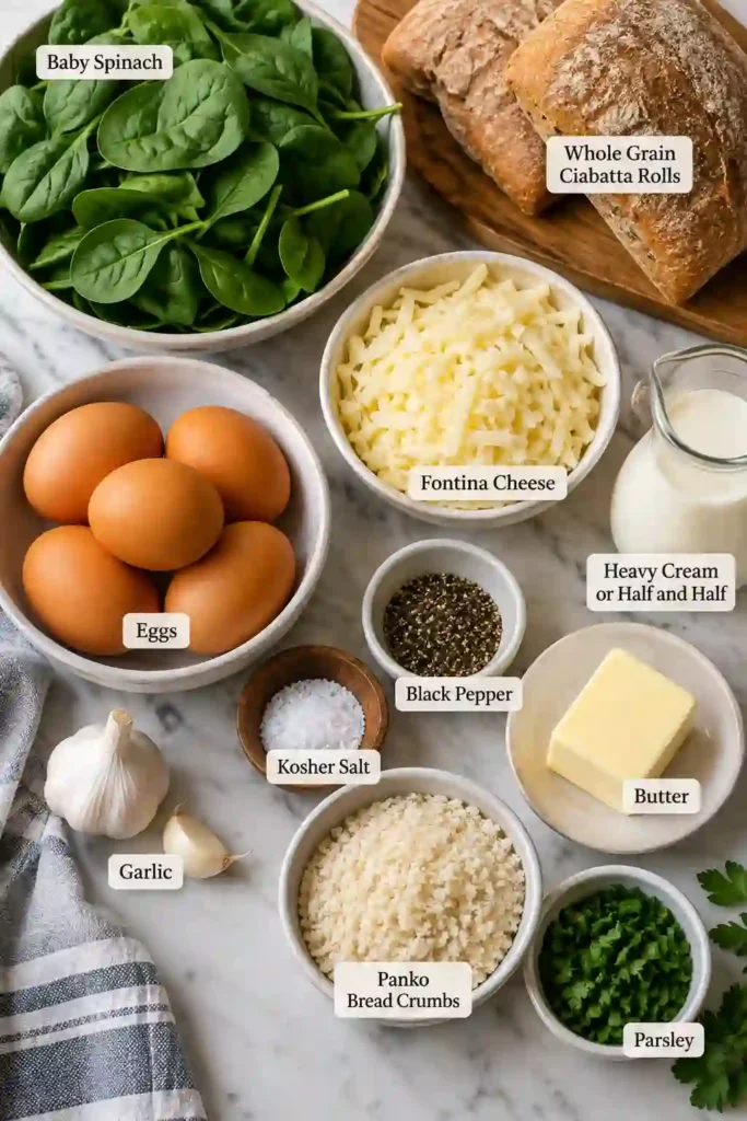 Cheesy egg sandwich made with oven-baked eggs, tender spinach, melted Fontina, and golden garlic breadcrumbs. A comforting breakfast served on toasted ciabatta.