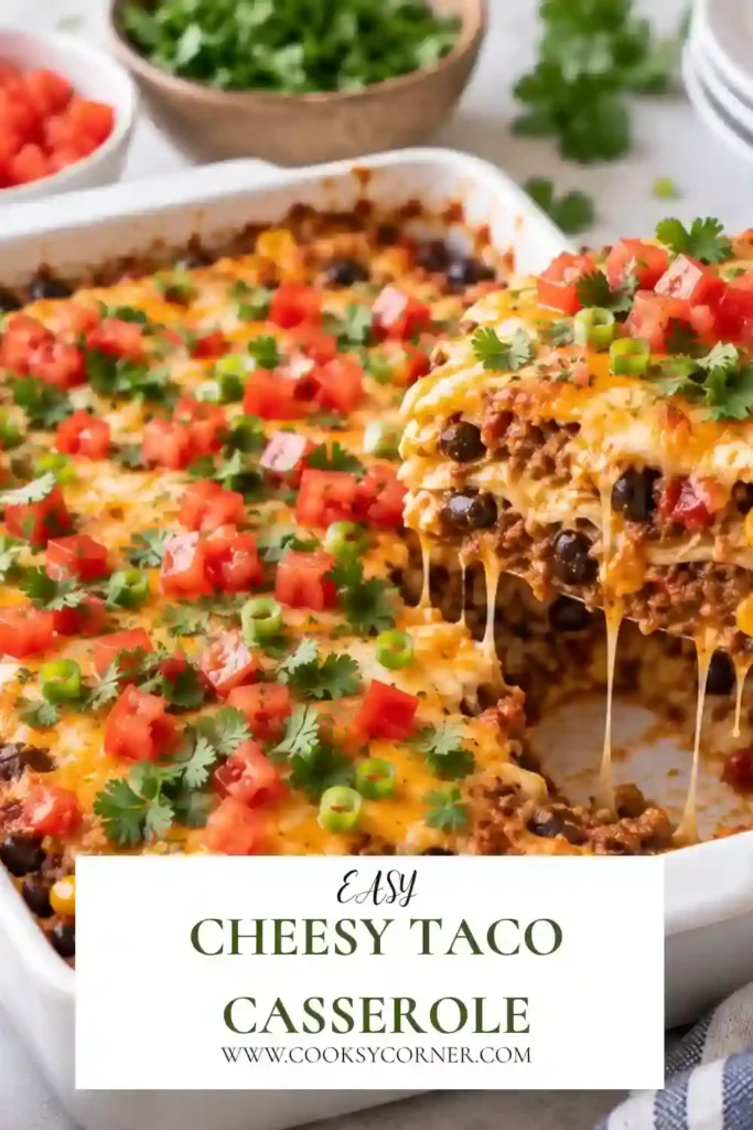 Taco Casserole baked with seasoned ground beef, salsa, chili beans, tortilla chips, sour cream, tomatoes, and melted Cheddar. This easy taco casserole is served hot from a 9x13-inch baking dish.