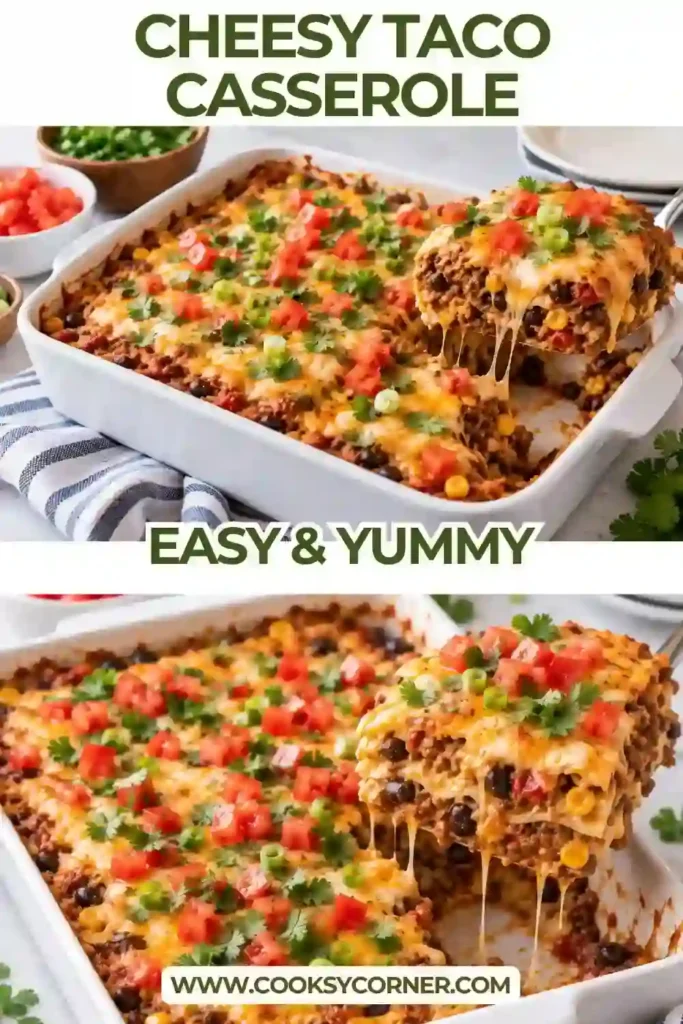 A serving of Taco Casserole layered with ground beef, beans, crushed tortilla chips, sour cream, tomato, green onions, olives, and cheese. The cheesy ground beef taco casserole is served warm on a dinner plate.