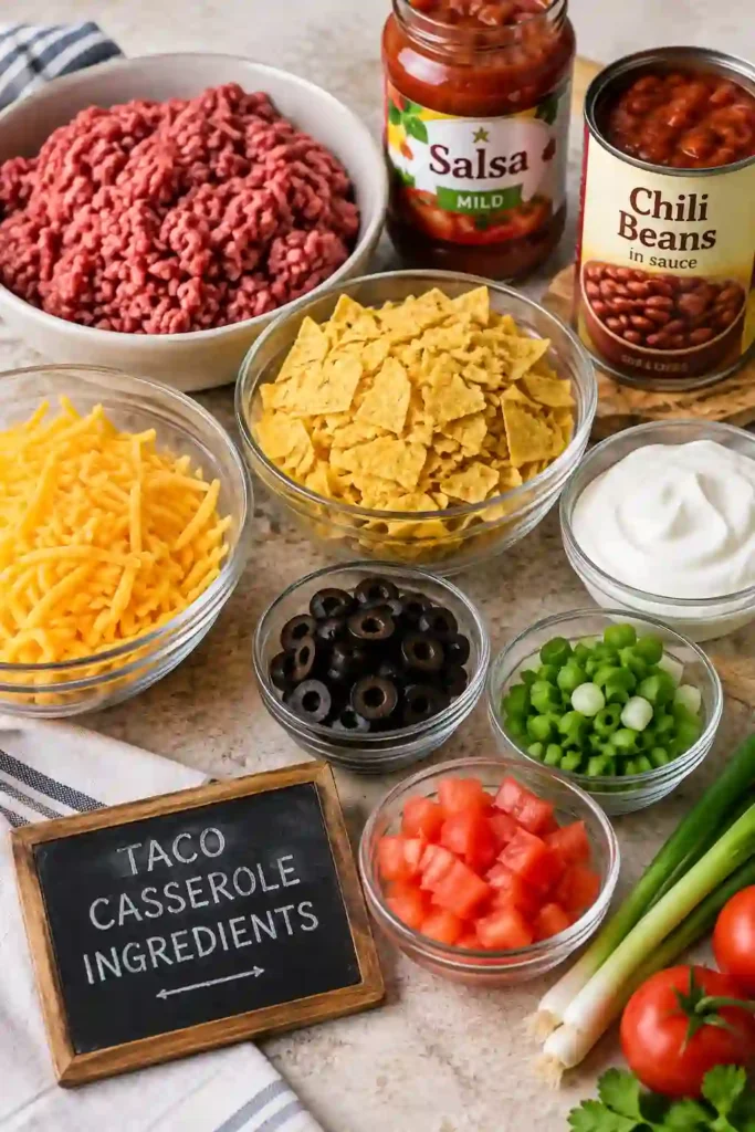 Easy Taco Casserole served with cheesy beef, chili beans, tortilla chips, sour cream, and fresh taco toppings. This comforting Mexican casserole makes a hearty family dinner recipe.