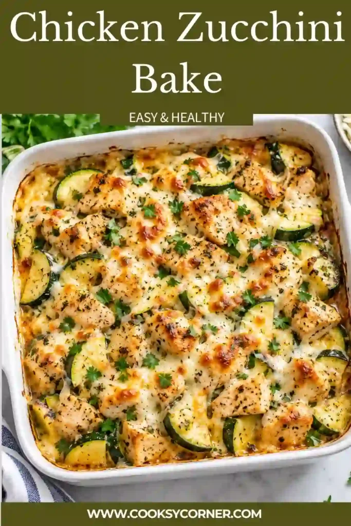 Chicken and zucchini bake fresh from the oven with juicy seasoned chicken, vegetables, and bubbling Monterey Jack and Parmesan. The casserole has a lightly browned cheesy topping.