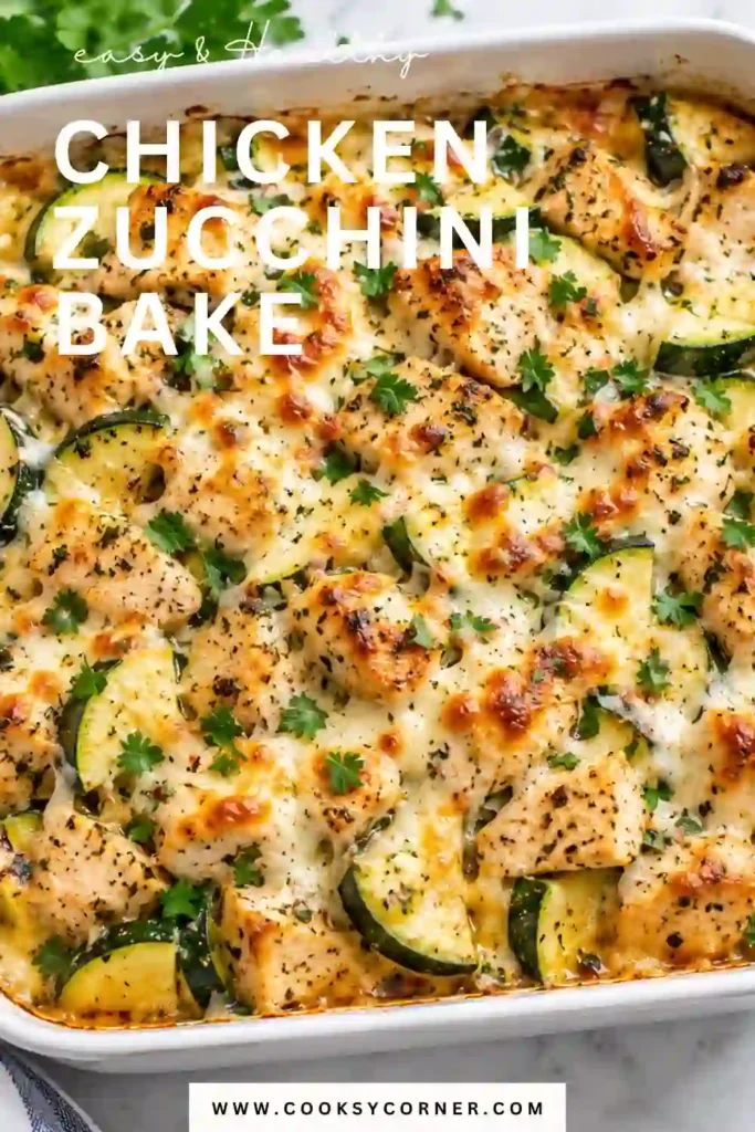 Chicken Zucchini Bake made with bite-size chicken breast, fresh zucchini, sweet onion, Monterey Jack, and Parmesan cheese. The cheesy chicken casserole is baked until tender and lightly golden on top.