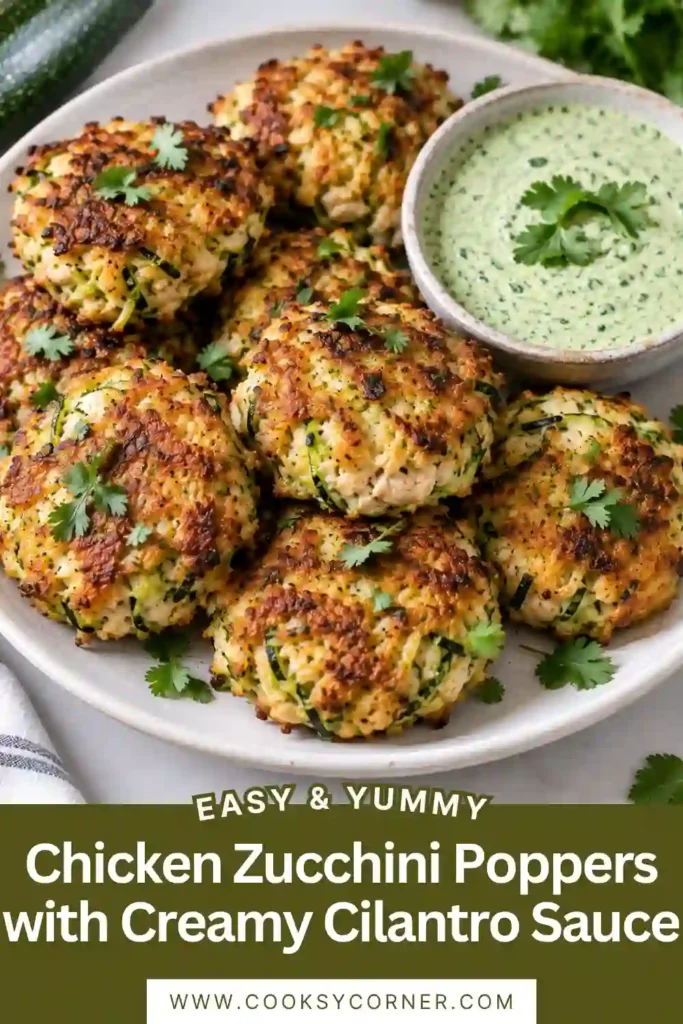 . Healthy chicken poppers arranged on a serving plate with fresh cilantro and creamy dipping sauce. The patties have crisp golden edges with a tender chicken and zucchini center.
