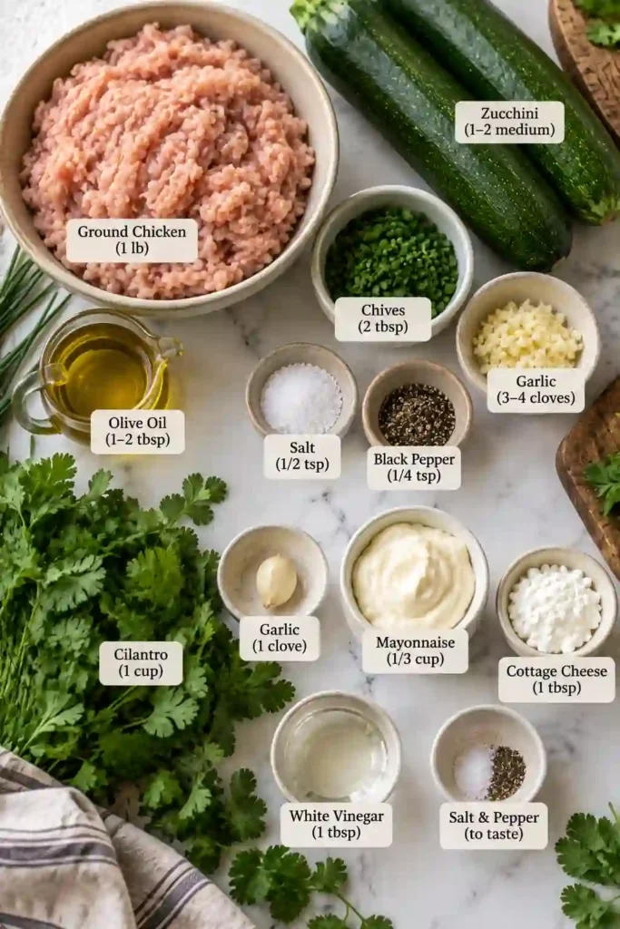 Homemade Chicken Zucchini Poppers served warm with creamy cilantro sauce. These easy ground chicken patties feature zucchini, garlic, and chives with a golden pan-seared exterior.