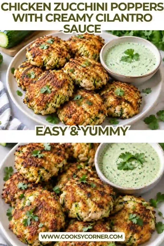 Golden chicken zucchini patties made with ground chicken, shredded zucchini, garlic, and fresh chives. Creamy cilantro dipping sauce is served alongside the warm poppers.