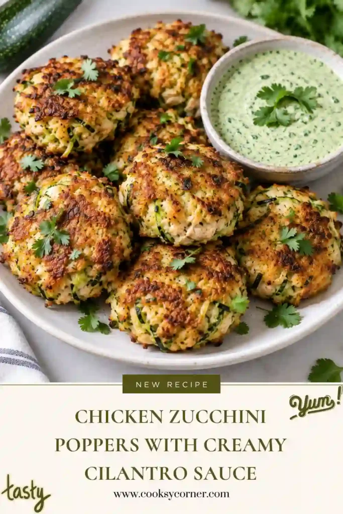 Chicken Zucchini Poppers served golden brown with a bowl of creamy cilantro sauce. The juicy ground chicken zucchini patties are finished with fresh herbs for a colorful presentation.