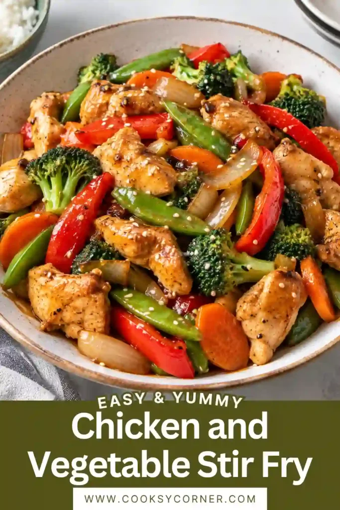 Healthy chicken stir fry with vegetables, including broccoli, zucchini, green bell pepper, garlic, and tender chicken breast. A fresh and colorful 30-minute chicken dinner.