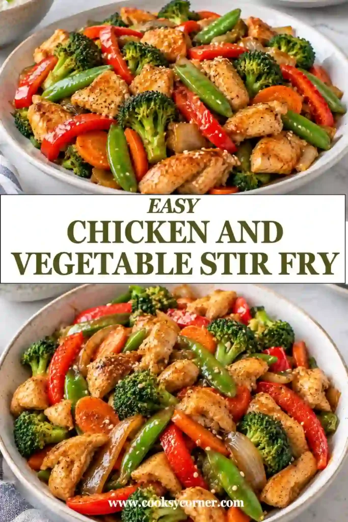 Easy Chicken and Vegetable Stir Fry featuring juicy chicken pieces, crisp broccoli, zucchini, bell peppers, and green onions. The vegetables and chicken are lightly coated in a savory garlic soy sauce.