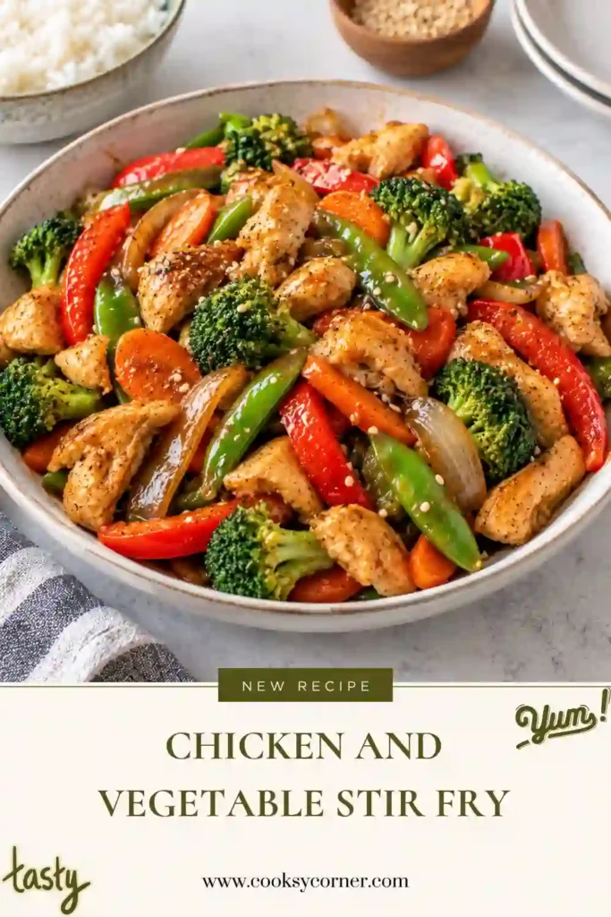 Chicken and Vegetable Stir Fry with tender chicken breast, broccoli, zucchini, and green bell pepper in a savory sauce. A colorful homemade chicken stir fry served fresh from the skillet.