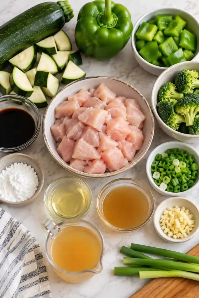 Homemade Chicken and Vegetable Stir Fry with golden chicken pieces and crisp green vegetables. Broccoli, zucchini, peppers, and green onions create a colorful weeknight meal.