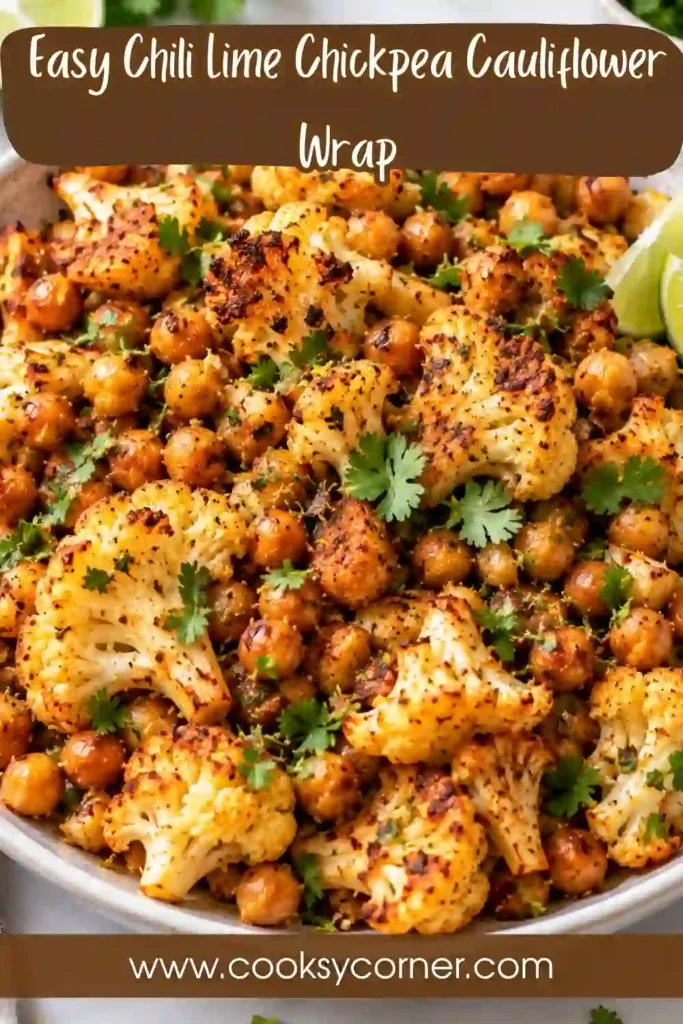 Vegan chickpea cauliflower wrap featuring crispy seasoned chickpeas, roasted cauliflower, red onions, lettuce, and creamy chipotle sauce. Fresh cilantro and lime provide a bright finish.