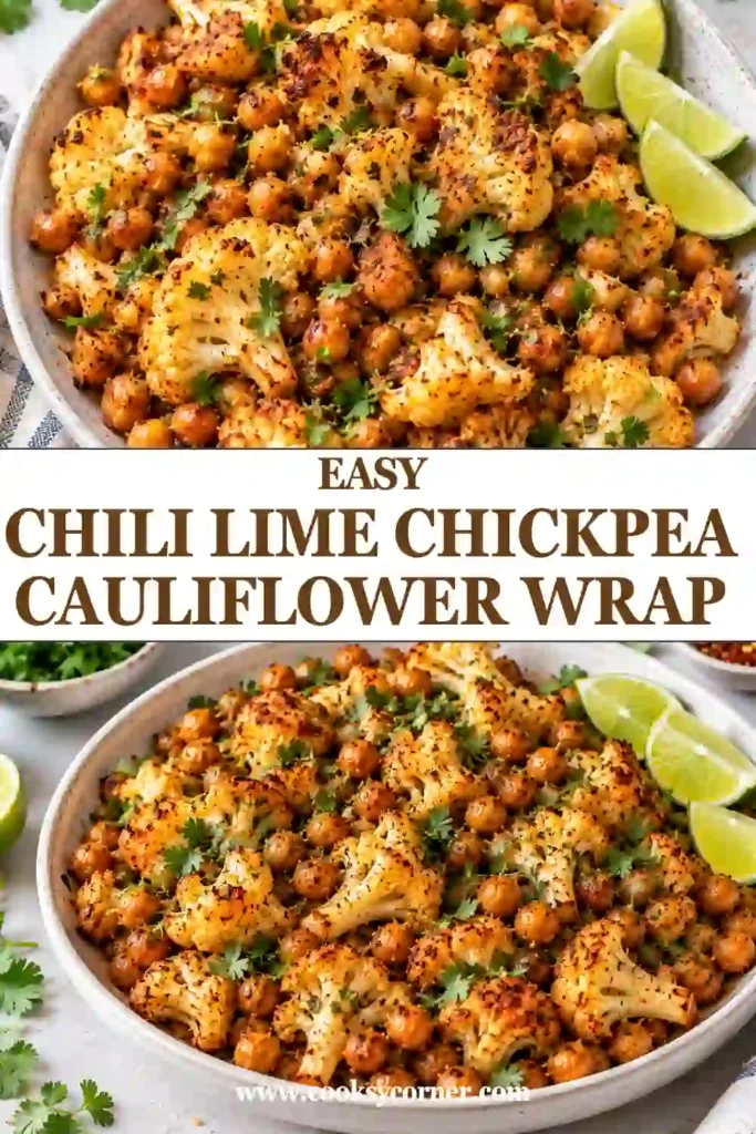 Roasted cauliflower wrap filled with golden chickpeas, caramelized cauliflower, crunchy lettuce, and bright pickled onions. The wrap is finished with a creamy chili lime sauce.