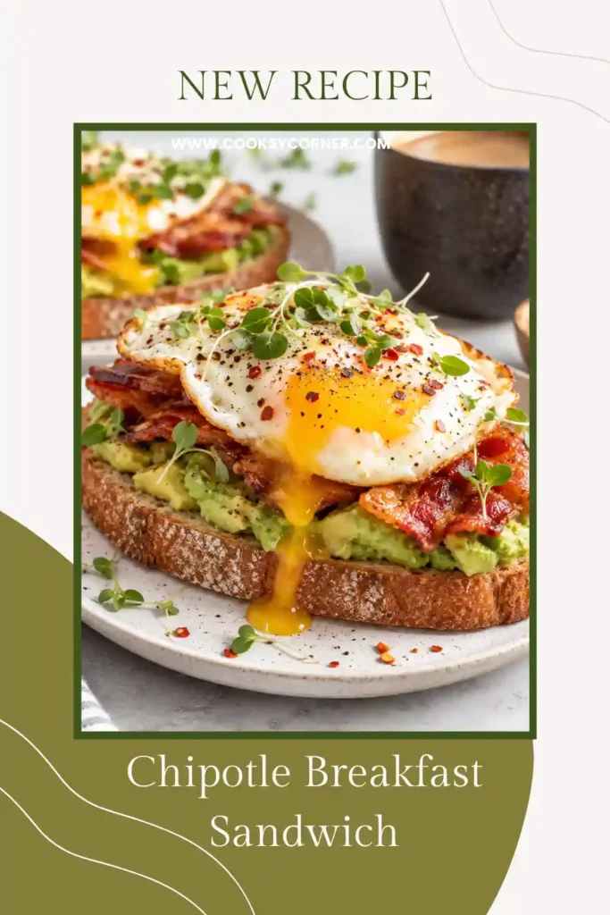 Sourdough breakfast sandwich layered with smoky chipotle cream cheese, black beans, avocado, caramelized onions, and egg. Creamy chipotle corn, cilantro, and red onion finish the dish.