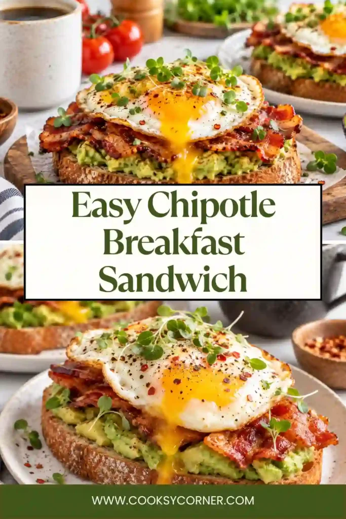 Spicy breakfast sandwich topped with avocado, fried egg, black beans, caramelized onions, cilantro, and Cotija cheese. Thick sourdough toast provides a crisp base for the creamy toppings.