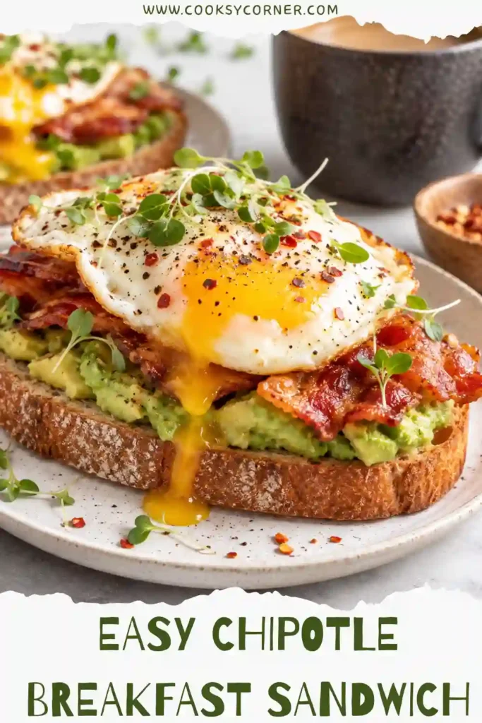 Alt Text 1: Chipotle Breakfast Sandwich served on thick toasted sourdough with avocado, black beans, caramelized onions, and a sunny-side-up egg. Chipotle cream cheese and Cotija cheese add creamy, smoky flavor.
