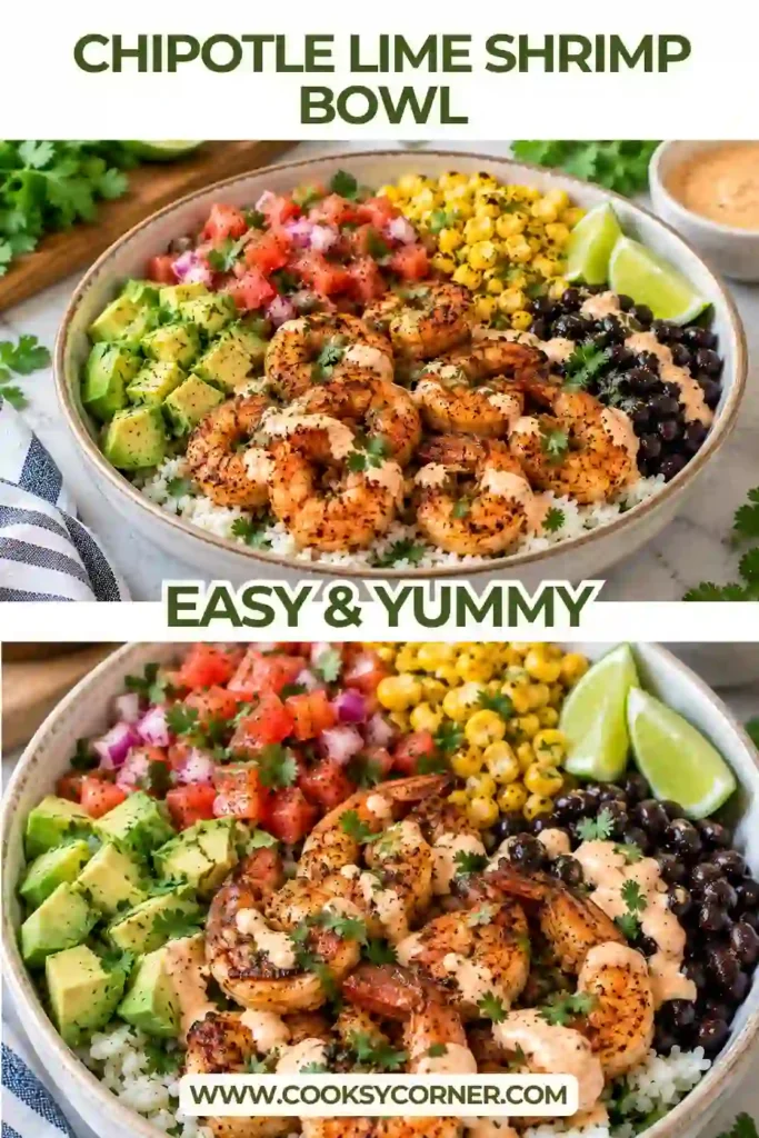 Chipotle Lime Shrimp Bowl with smoky seared shrimp served over warm rice with avocado, cherry tomatoes, cucumber, red onion, and greens. Fresh cilantro and lime complete this colorful shrimp rice bowl.