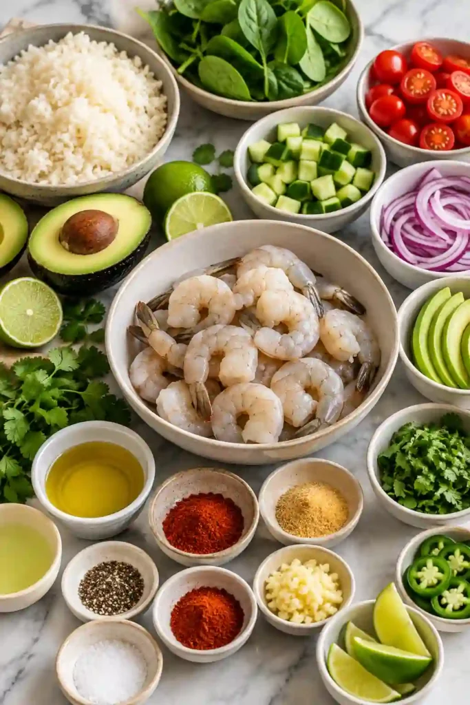Spicy shrimp rice bowl with smoky chipotle lime shrimp, warm rice, crisp vegetables, avocado, cilantro, and jalapeño slices. A colorful Mexican-inspired shrimp bowl served with fresh lime.